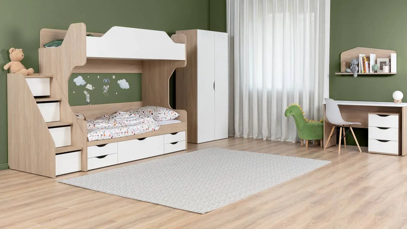Детская кровать двухъярусная Luna, цвет Дуб Медовый + Белый Премиум фото - 3 - большое изображение